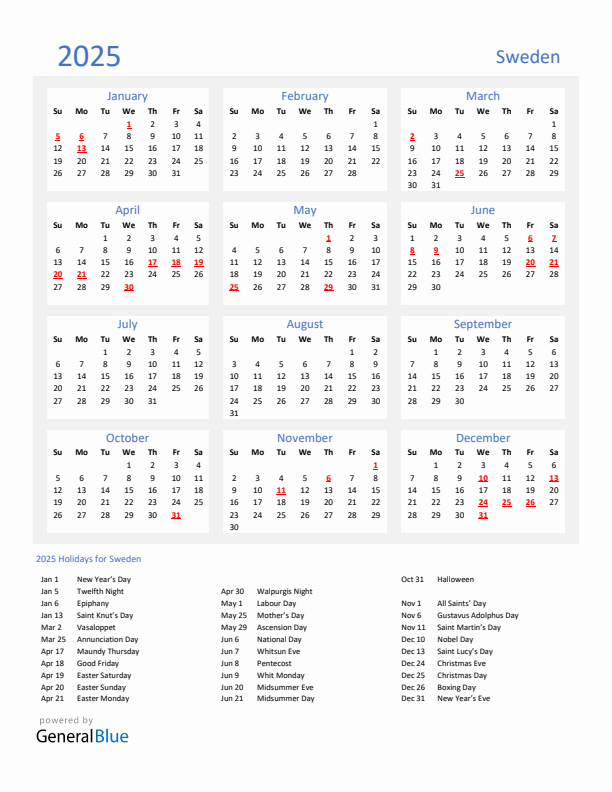 Basic Yearly Calendar with Holidays in Sweden for 2025 