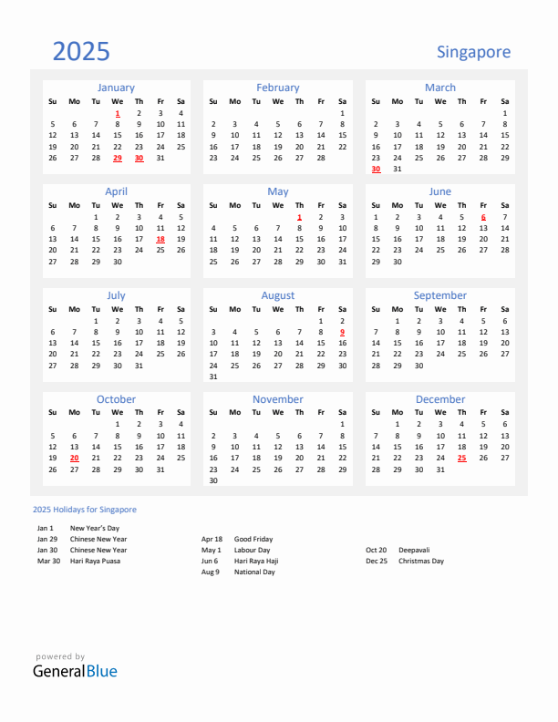 Basic Yearly Calendar with Holidays in Singapore for 2025 