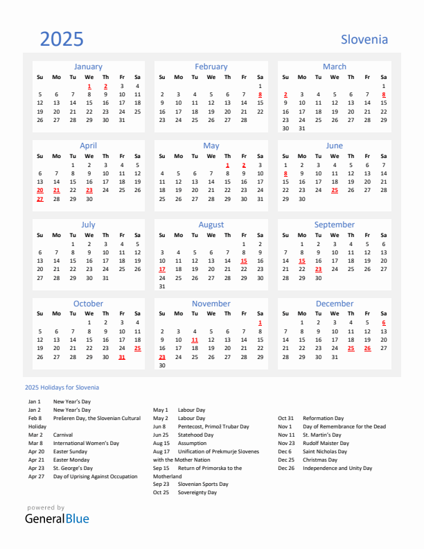 Basic Yearly Calendar with Holidays in Slovenia for 2025 