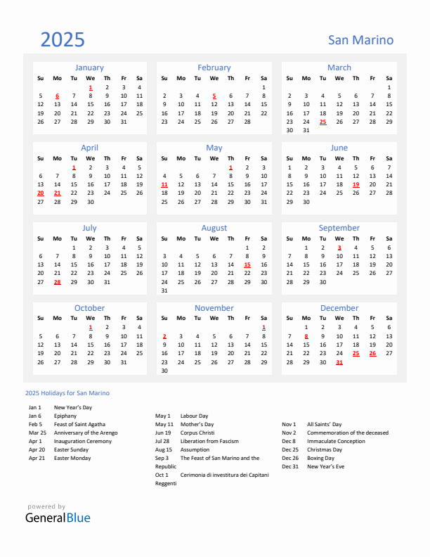 Basic Yearly Calendar with Holidays in San Marino for 2025 