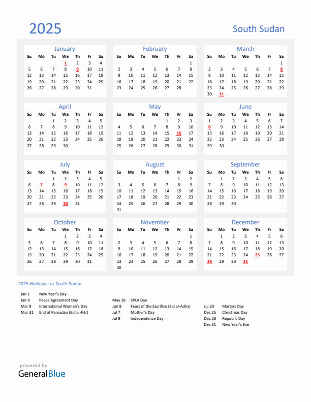 Basic Yearly Calendar with Holidays in South Sudan for 2025 