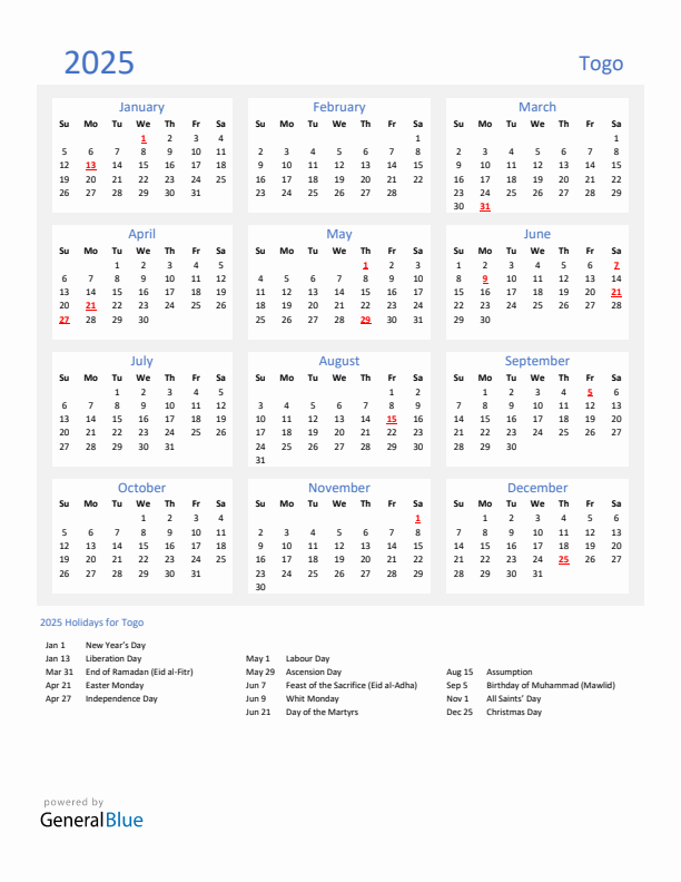 Basic Yearly Calendar with Holidays in Togo for 2025 