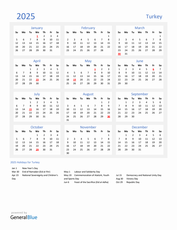 Basic Yearly Calendar with Holidays in Turkey for 2025 