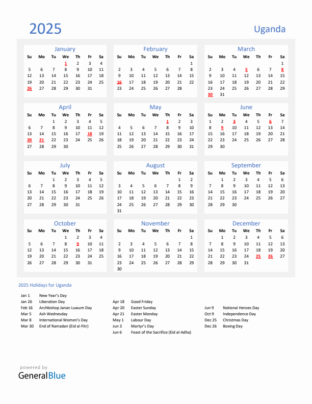 Basic Yearly Calendar with Holidays in Uganda for 2025 