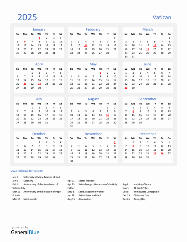 Basic Yearly Calendar with Holidays in Vatican for 2025 