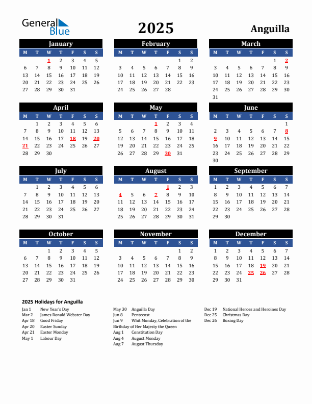 2025 Anguilla Holiday Calendar