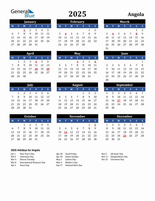 2025 Angola Holiday Calendar