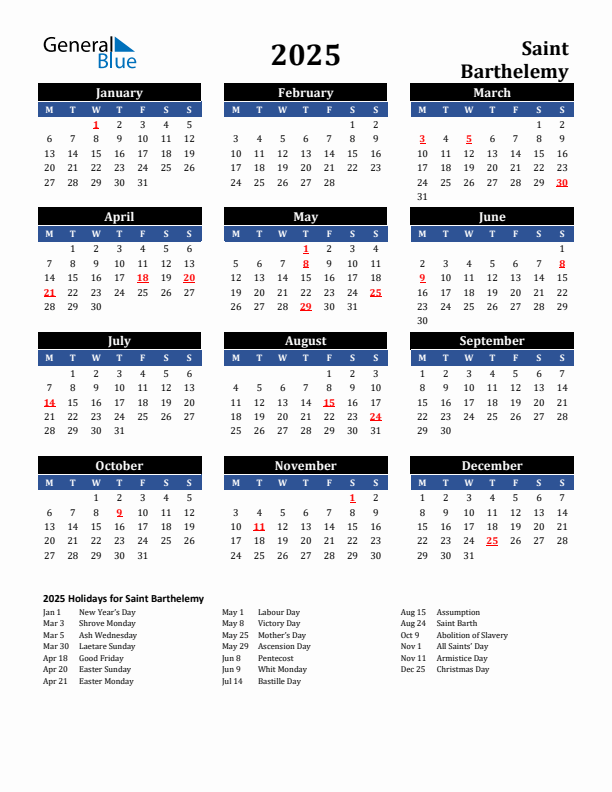 2025 Saint Barthelemy Holiday Calendar