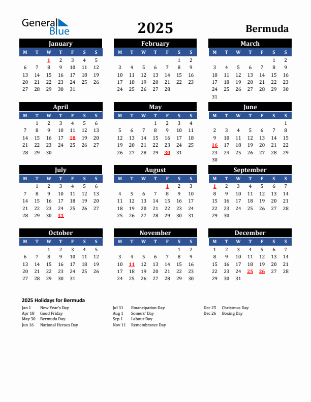 2025 Bermuda Holiday Calendar