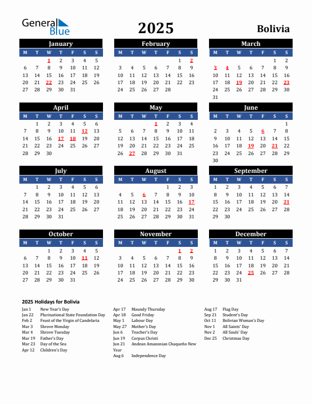 2025 Bolivia Holiday Calendar