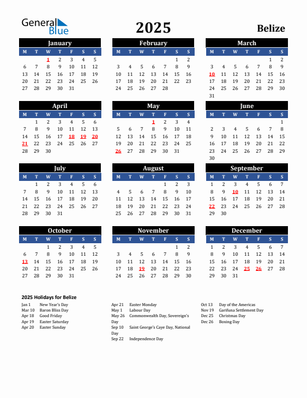 2025 Belize Holiday Calendar