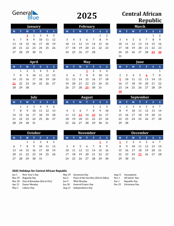 2025 Central African Republic Holiday Calendar