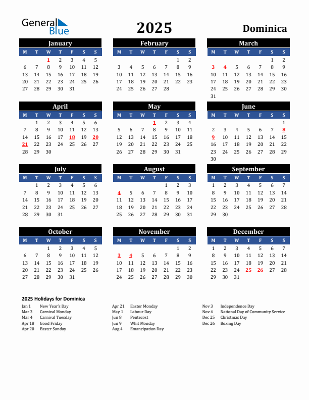 2025 Dominica Holiday Calendar