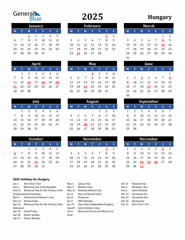 2025 Hungary Holiday Calendar