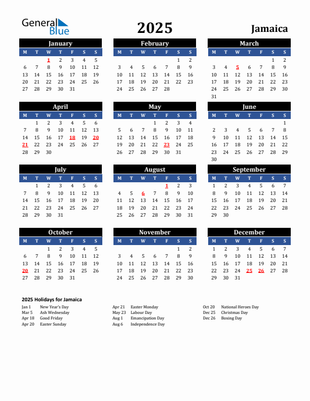 2025 Jamaica Holiday Calendar