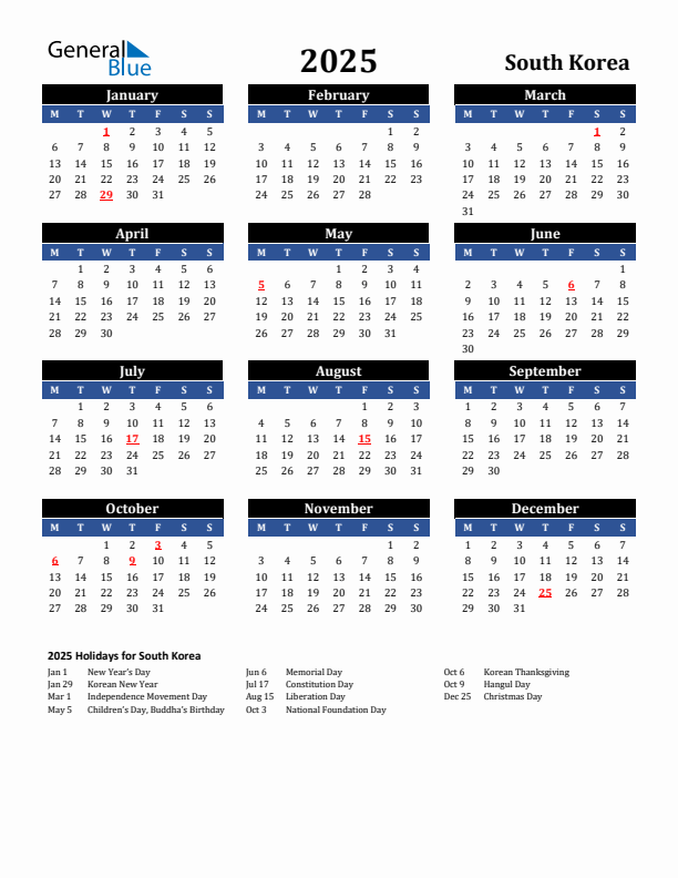 2025 South Korea Holiday Calendar