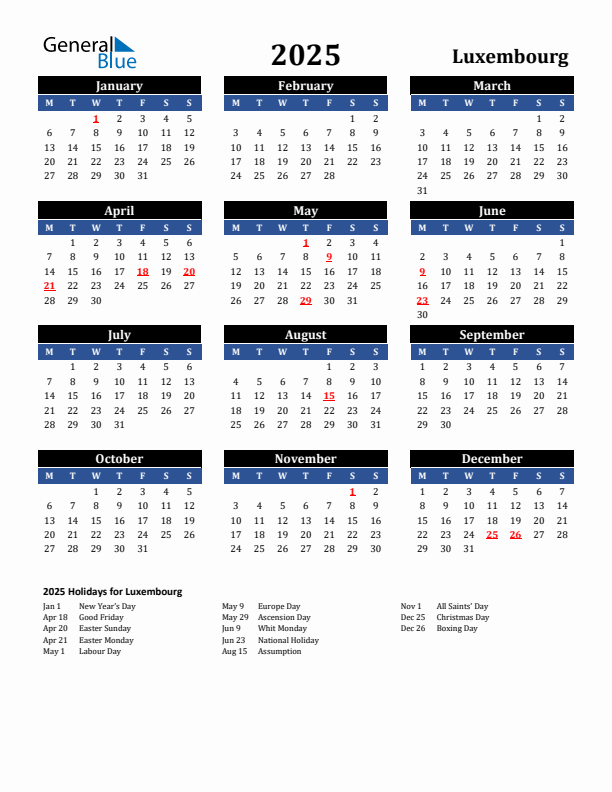 2025 Luxembourg Holiday Calendar