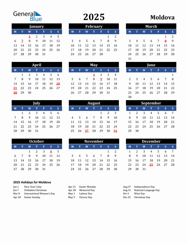 2025 Moldova Holiday Calendar