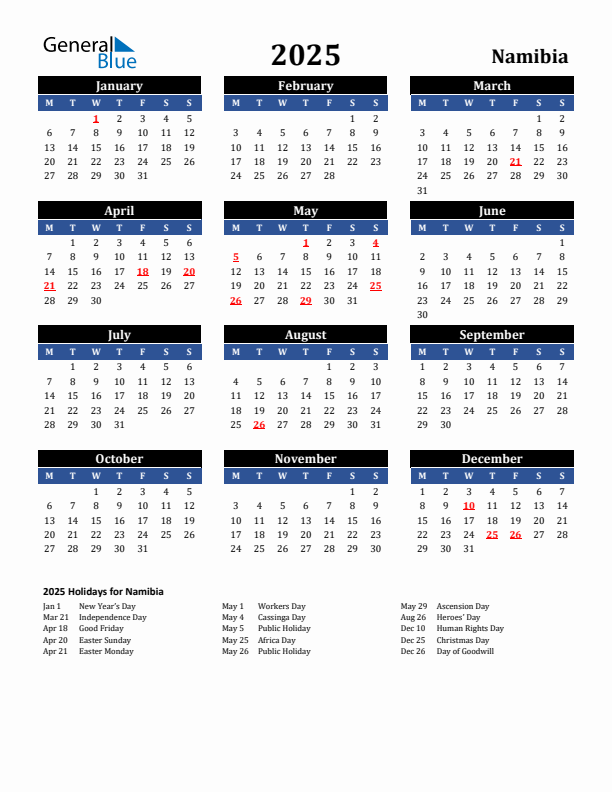 2025 Namibia Holiday Calendar