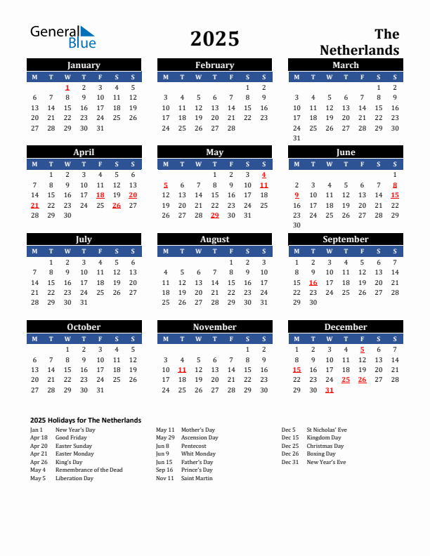 2025 The Netherlands Holiday Calendar