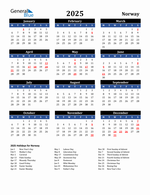 2025 Norway Holiday Calendar