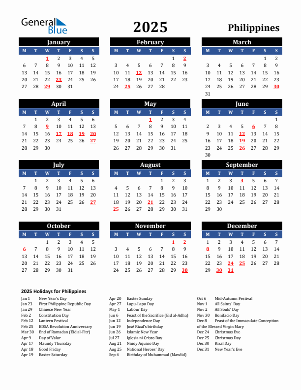 2025 Philippines Holiday Calendar