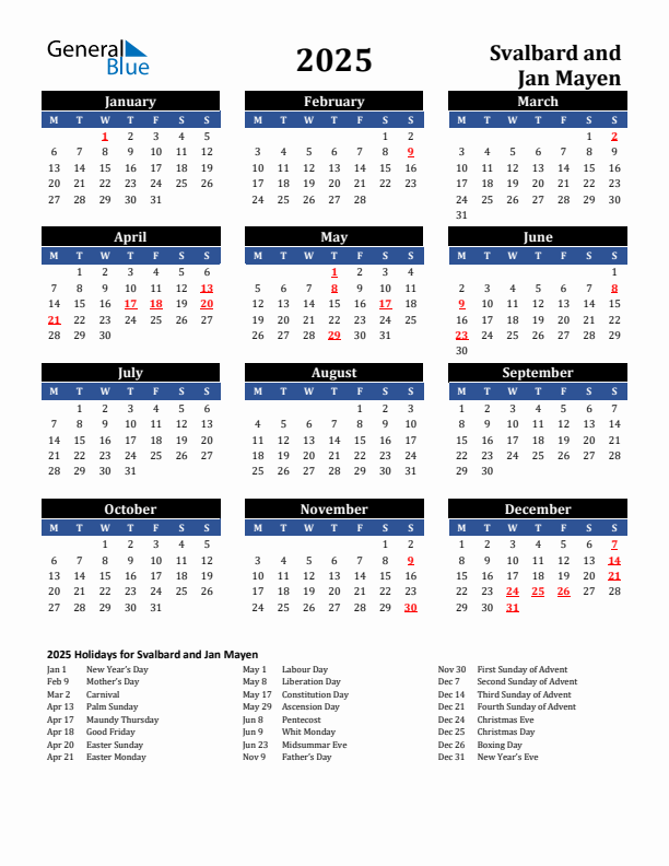 2025 Svalbard and Jan Mayen Holiday Calendar