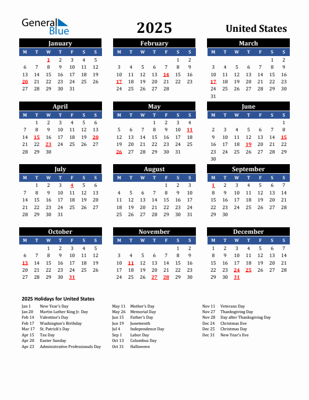 2025 United States Holiday Calendar