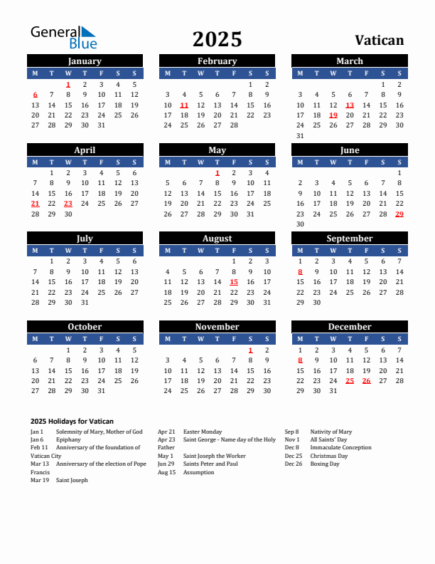 2025 Vatican Holiday Calendar