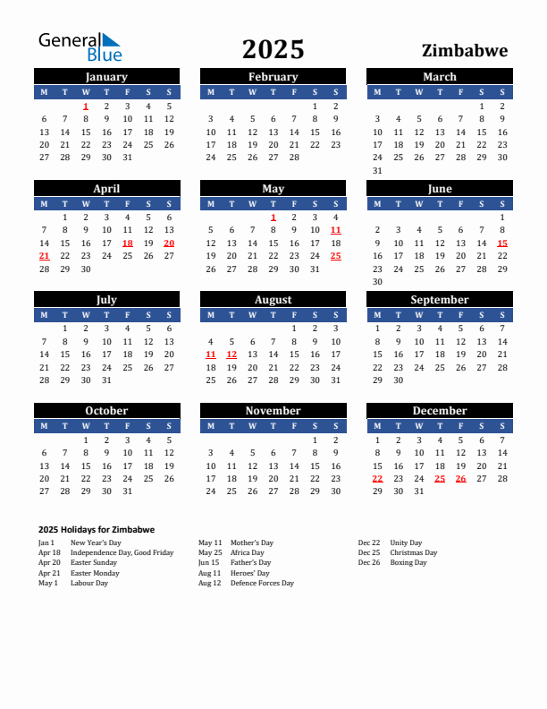 2025 Zimbabwe Holiday Calendar