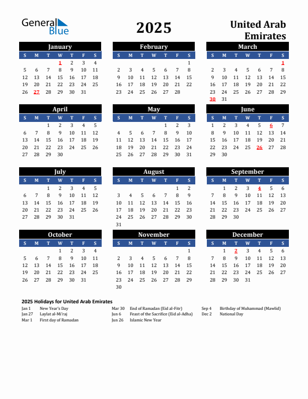 2025 United Arab Emirates Holiday Calendar