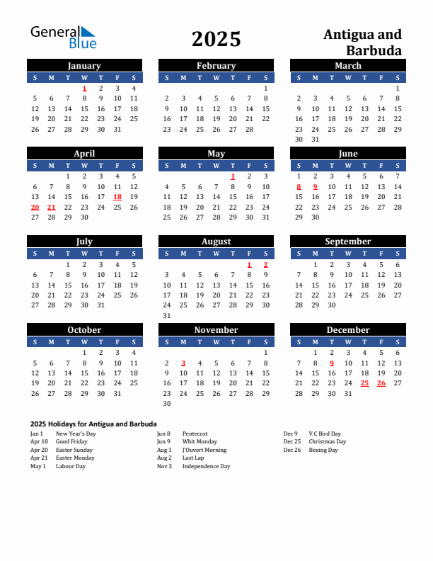 2025 Antigua and Barbuda Holiday Calendar