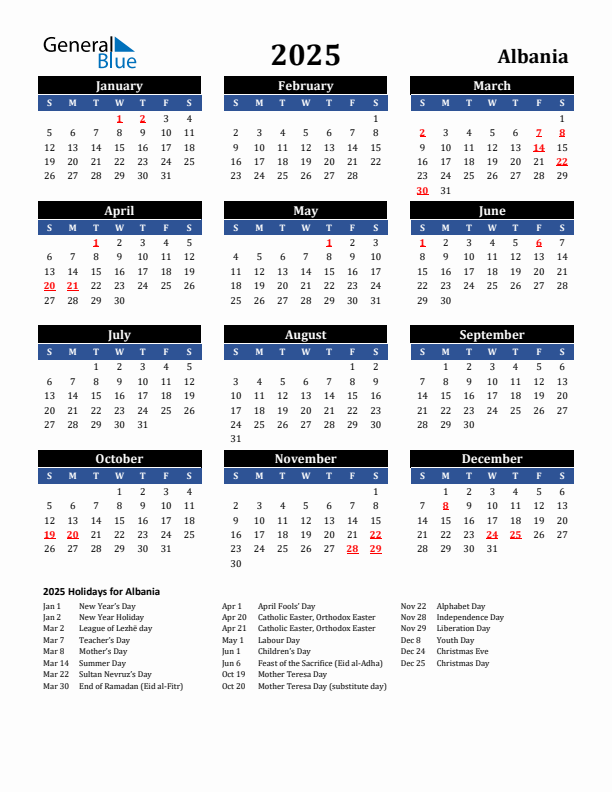 2025 Albania Holiday Calendar