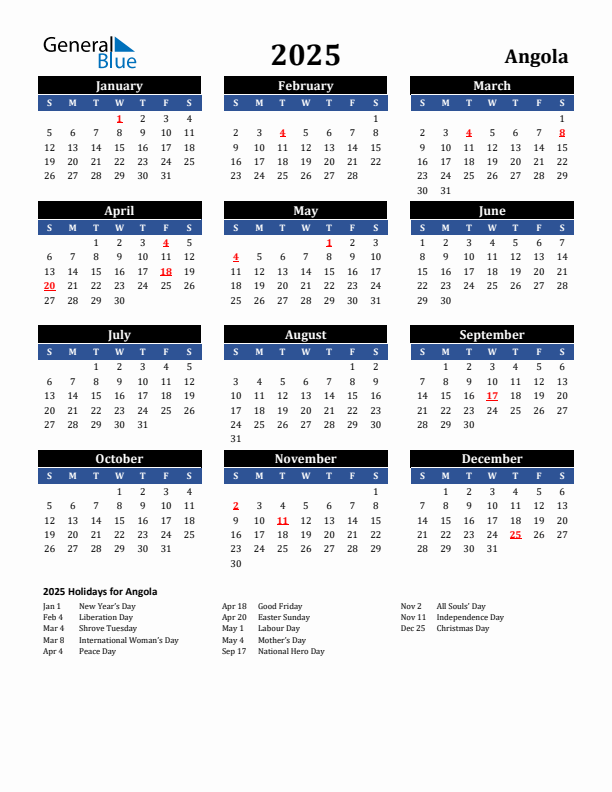 2025 Angola Holiday Calendar