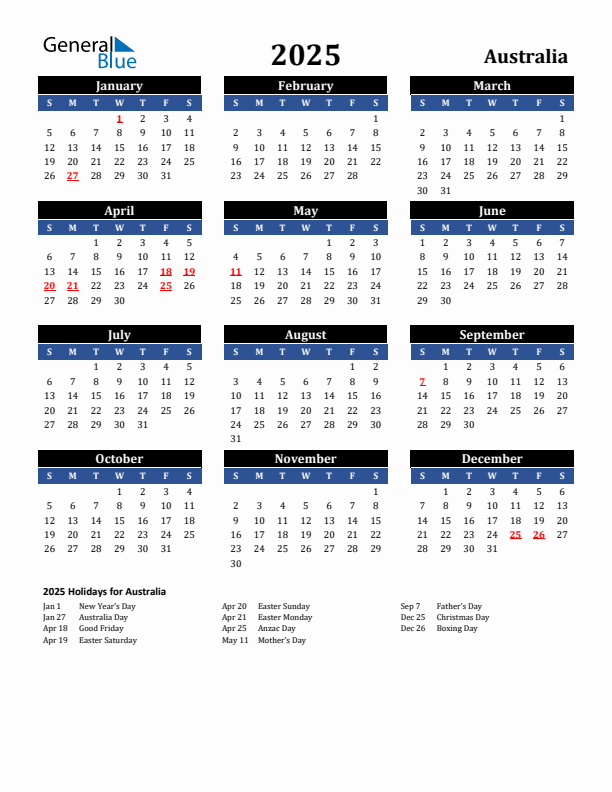 2025 Australia Holiday Calendar