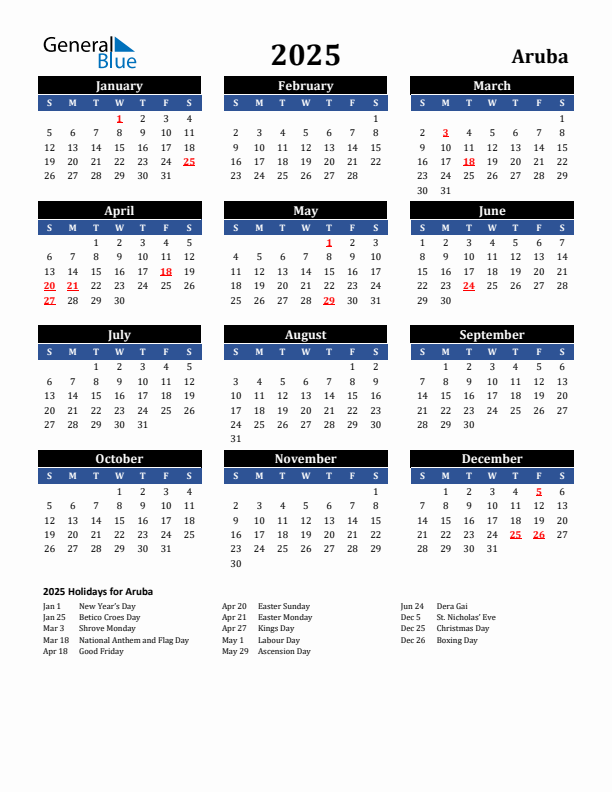 2025 Aruba Holiday Calendar