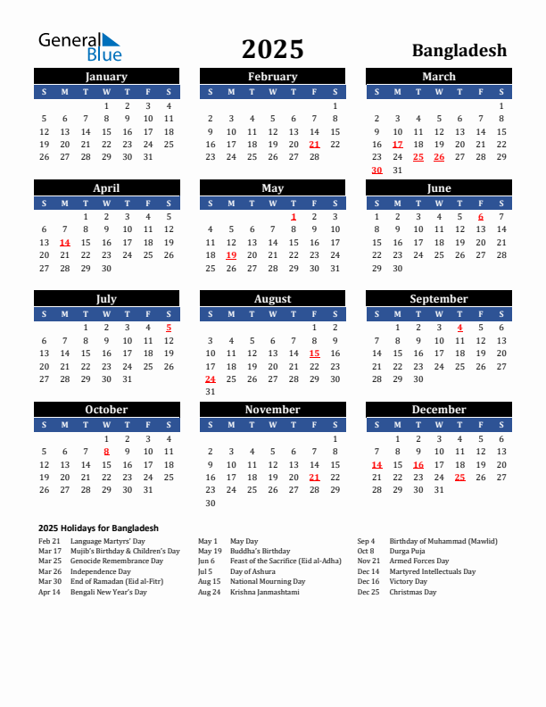 2025 Bangladesh Holiday Calendar