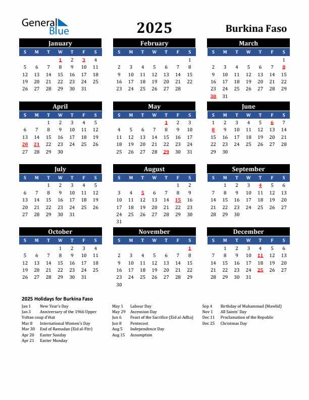 2025 Burkina Faso Holiday Calendar