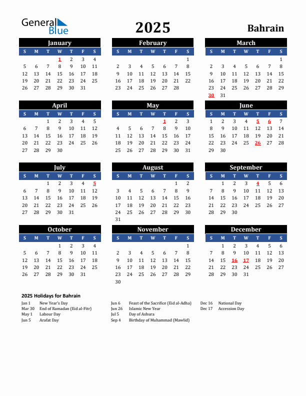 2025 Bahrain Holiday Calendar