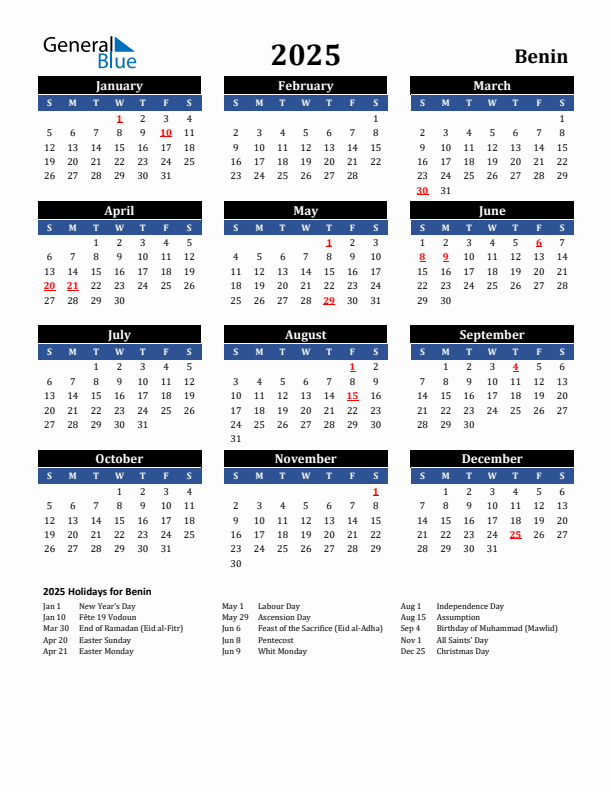 2025 Benin Holiday Calendar