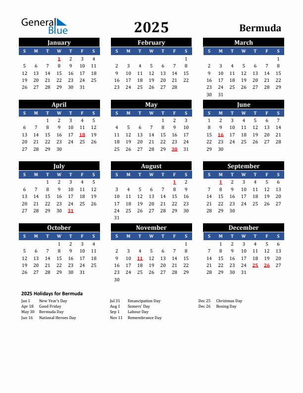 2025 Bermuda Holiday Calendar