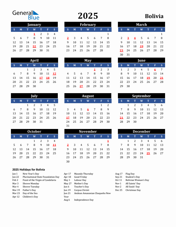 2025 Bolivia Holiday Calendar