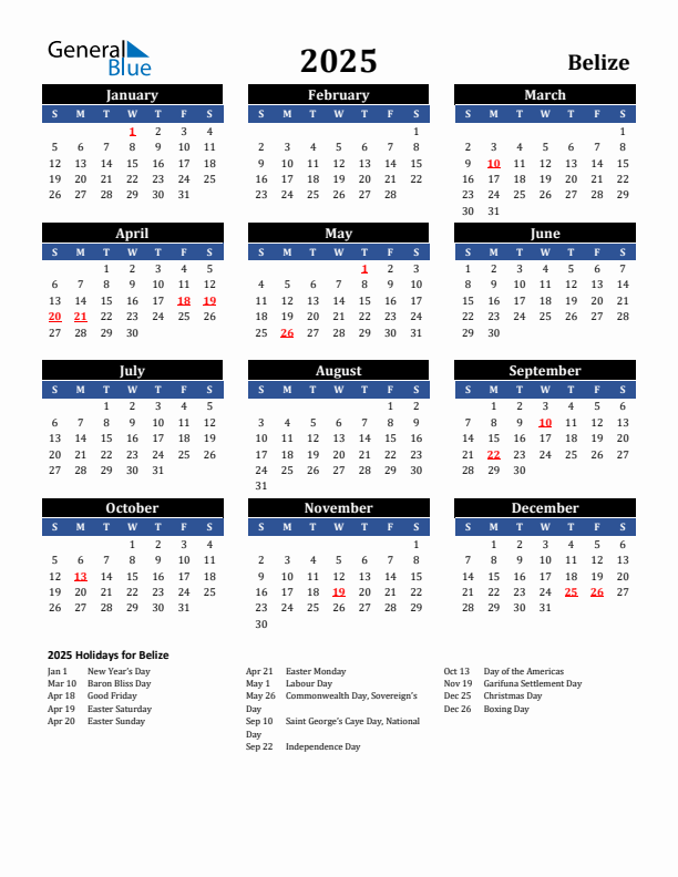 2025 Belize Holiday Calendar