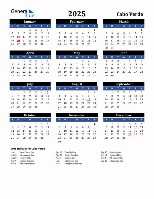 2025 Cabo Verde Holiday Calendar