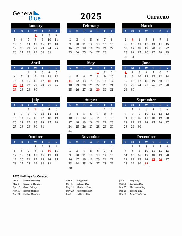 2025 Curacao Holiday Calendar