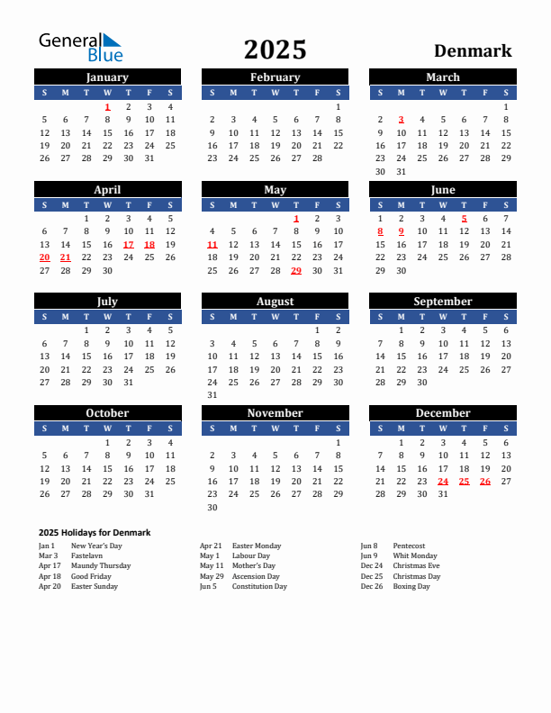 2025 Denmark Holiday Calendar