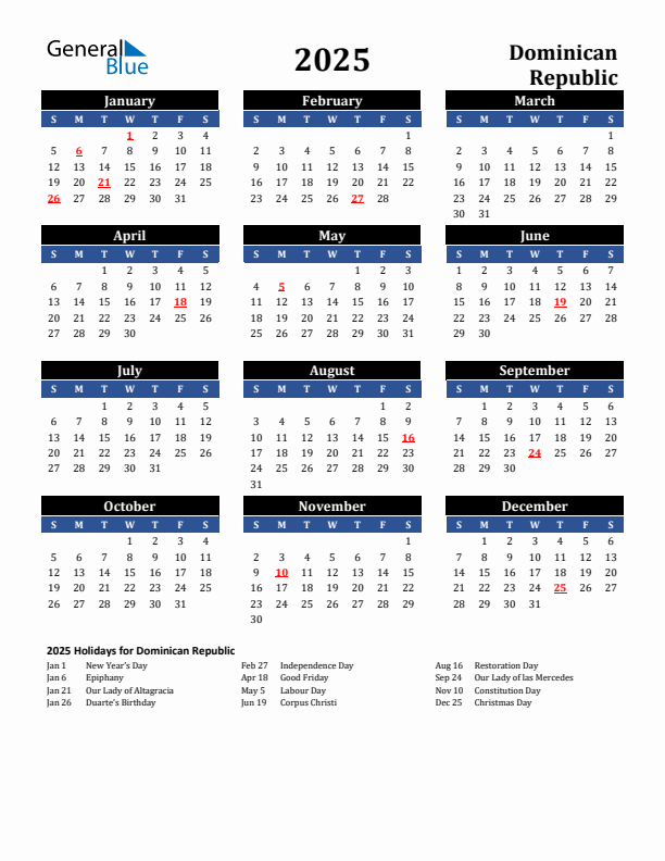 2025 Dominican Republic Holiday Calendar