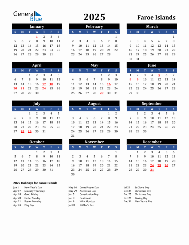 2025 Faroe Islands Holiday Calendar