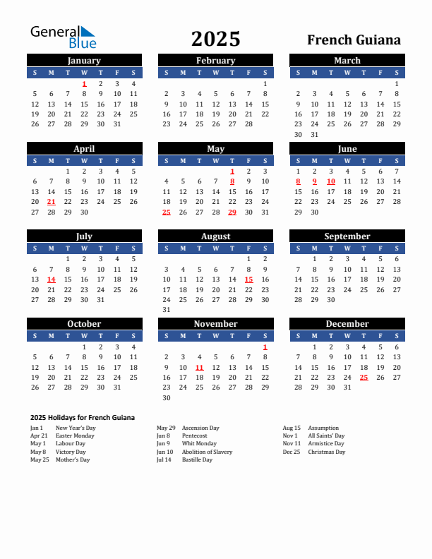 2025 French Guiana Holiday Calendar