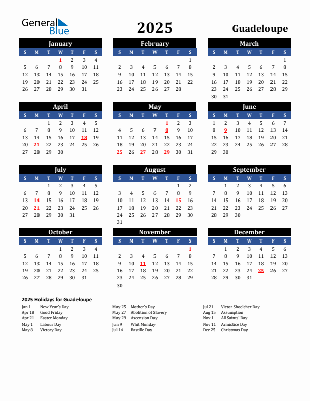 2025 Guadeloupe Holiday Calendar